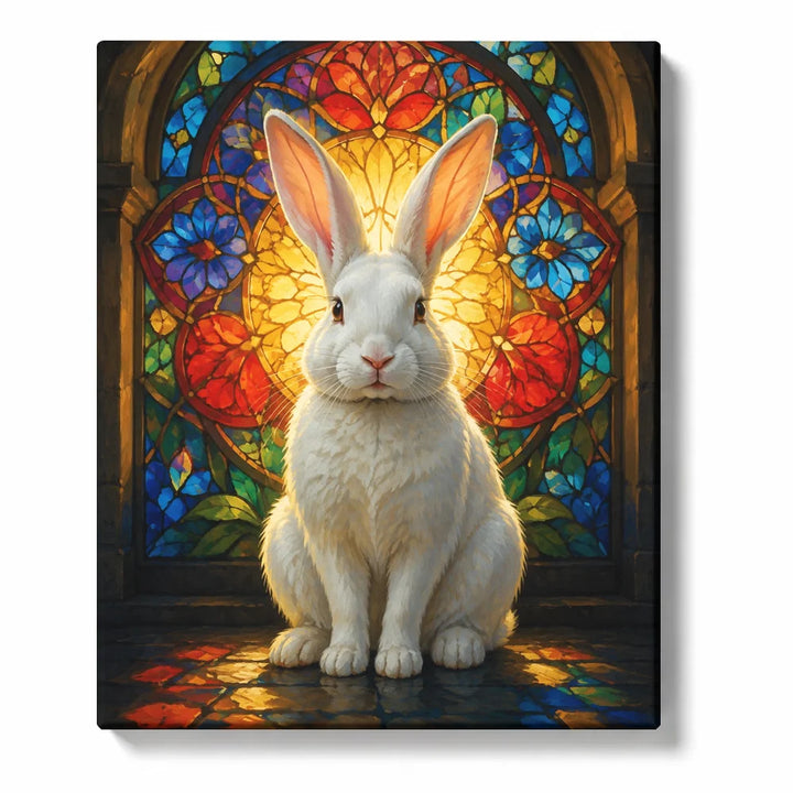 White Rabbit Paint by Numbers For Adults featuring a serene white rabbit before a grand stained glass window of mosaic patterns