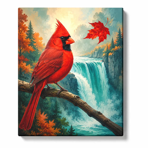 Cardinal Paint by Numbers For Adults featuring a red cardinal on a mossy branch by an autumn waterfall with falling maple leaves