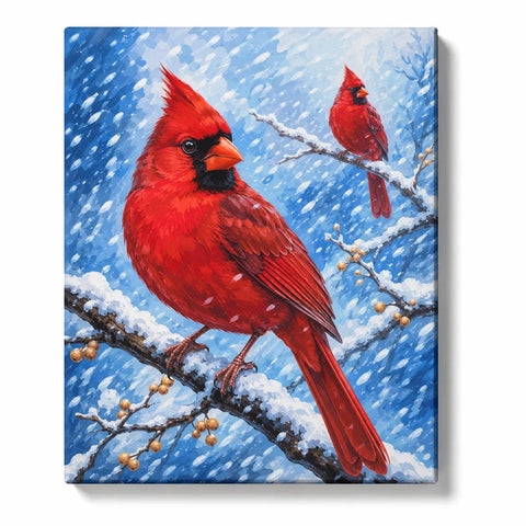 Cardinal Pair Paint by Numbers For Adults featuring two red cardinals on a snow-laden branch with falling snow and blue winter sky
