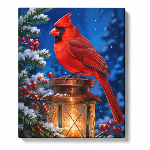 Cardinal Paint by Numbers For Adults featuring bright red cardinal perched on glowing lantern with snowy evergreen branches, red berries and blue winter sky
