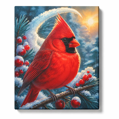 Cardinal Paint by Numbers For Adults featuring a red cardinal close-up on a snowy branch at golden sunset with bright red berries