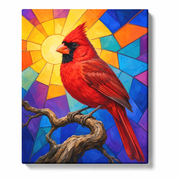 Cardinal Paint by Numbers For Adults featuring a stained glass style cardinal before a radiant geometric sun in vivid mosaic colors