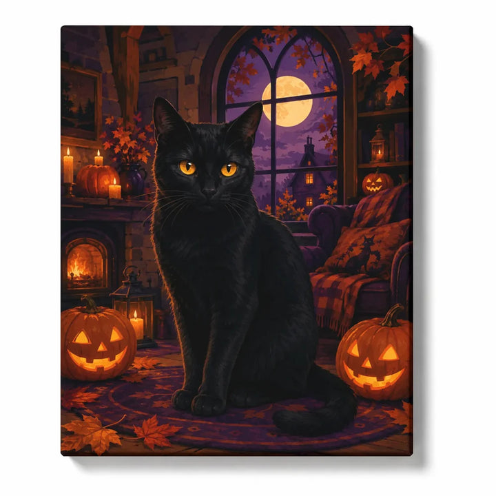Black cat among jack-o-lanterns and candles in a Gothic room