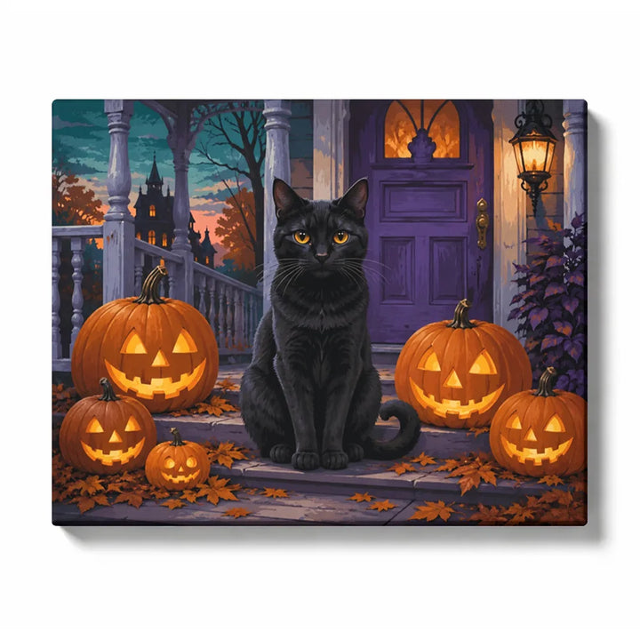 Black cat on a purple porch surrounded by glowing carved pumpkins