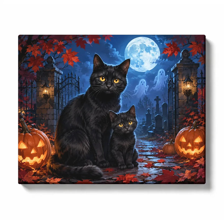Two black cats between jack-o-lanterns at a moonlit graveyard gate