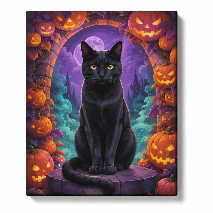 Black cat beneath an arch of glowing jack-o-lanterns and purple moonlight