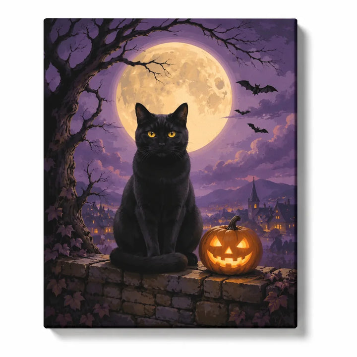 Black cat and jack-o-lantern on a stone wall beneath a golden moon