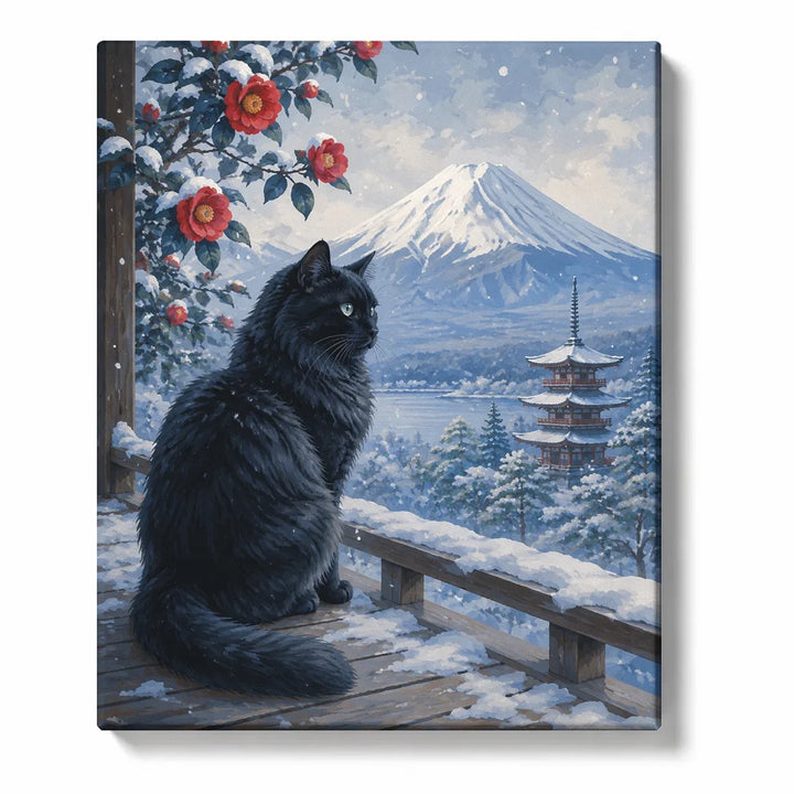 Navy Cat Silhouette with Cream Red Floral Pattern Paint by Numbers Kit For Adults