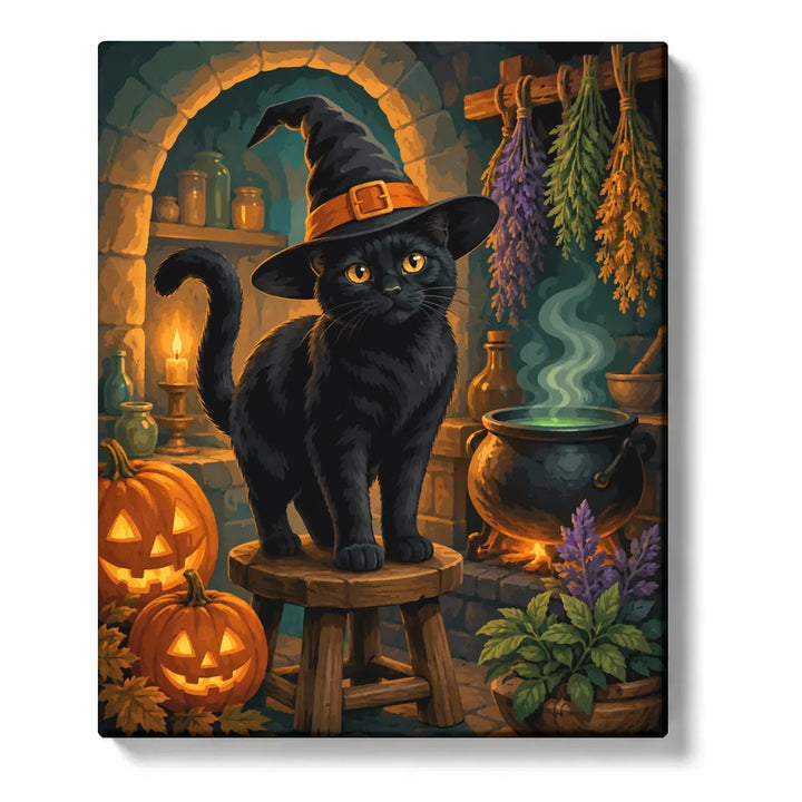Witch-hat black cat on a stool beside a cauldron and carved pumpkins