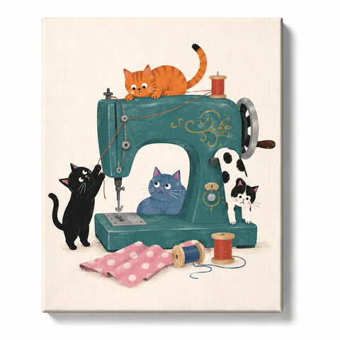 Cat Paint by Numbers For Beginners featuring four playful cats climbing and lounging around vintage teal sewing machine with colorful thread spools and pink polka dot fabric