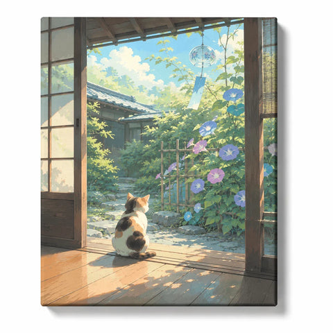 Cat Paint by Numbers For Adults featuring calico cat sitting in a sunlit Japanese-style doorway overlooking blue flowers, green garden and summer wind chime
