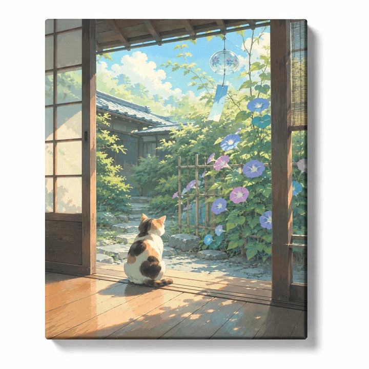 Cat Paint by Numbers For Adults featuring calico cat sitting in a sunlit Japanese-style doorway overlooking blue flowers, green garden and summer wind chime