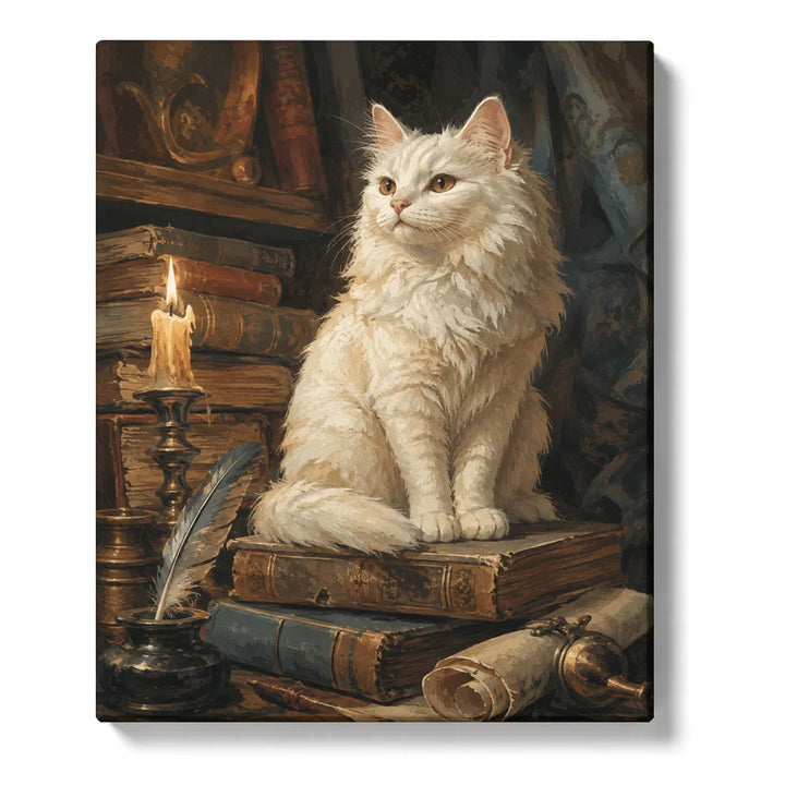 Fluffy White Cat Relaxing on Armchair by Sunlit Fireplace Paint by Numbers Kit For Adults