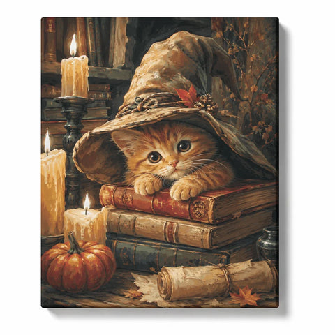 Cat Paint by Numbers For Adults featuring orange cat wearing witch hat on vintage books with candles, pumpkin and autumn Halloween decorations