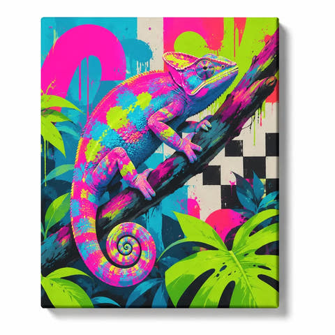 Chameleon Paint by Numbers For Adults featuring neon pink turquoise and green chameleon with curled tail, tropical leaves and bold Pop Art checkerboard background