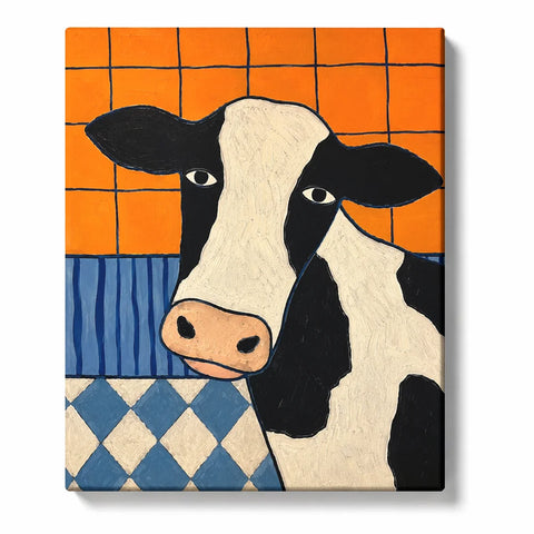 Cow Paint by Numbers For Beginners featuring graphic black and white dairy cow with orange grid wall, blue stripes and geometric diamond pattern background