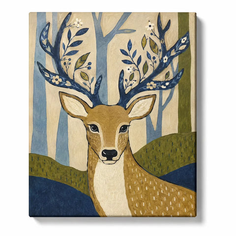 Deer Paint by Numbers For Beginners featuring brown deer with floral antlers, blue woodland trees, olive hills and simplified Danil Dege inspired folk art style