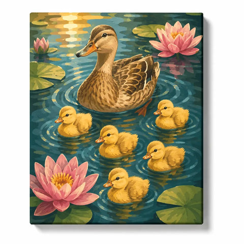 Duck Paint by Numbers For Adults featuring mother duck with five golden ducklings swimming among pink lotus flowers and lily pads