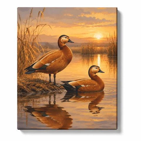 Duck Paint by Numbers For Adults featuring two ducks beside a golden sunset lake with reeds, water reflections and distant hills