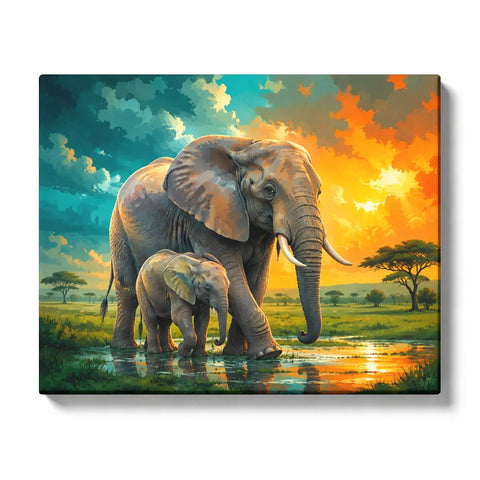 Elephant Paint by Numbers For Adults featuring mother elephant and calf walking through shallow African savanna water beneath turquoise clouds and golden sunset