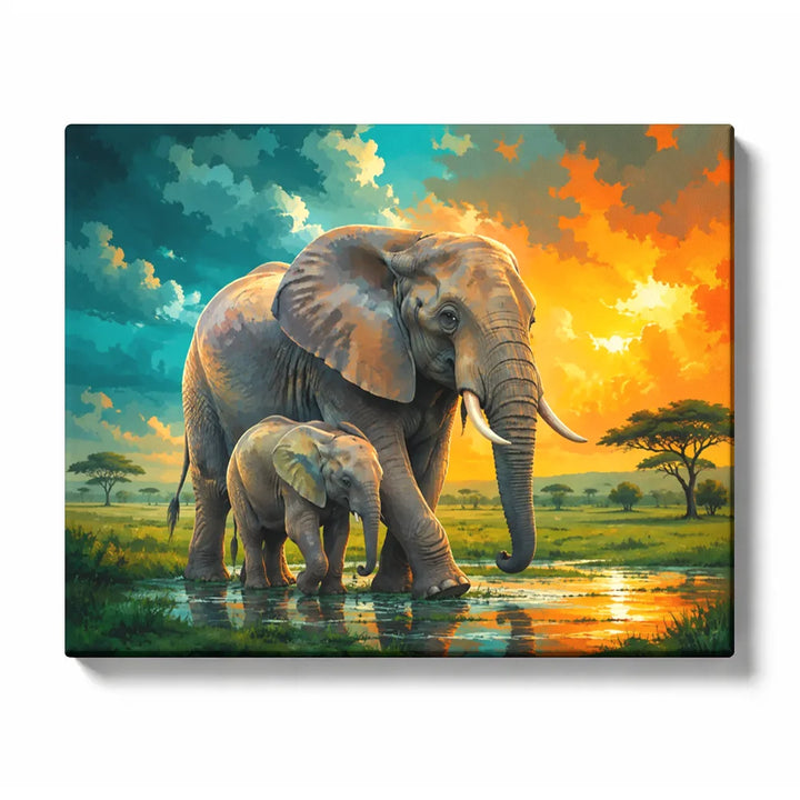 Elephant Paint by Numbers For Adults featuring mother elephant and calf walking through shallow African savanna water beneath turquoise clouds and golden sunset