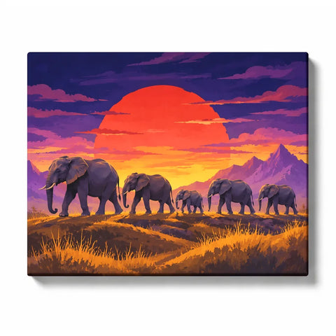 Elephant Herd under the Red Sun - paint by numbers kit preview
