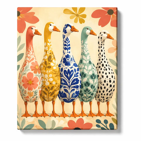 Goose Paint by Numbers For Beginners featuring five colorful geese with coral yellow blue green floral patterns and black polka dots surrounded by large flowers