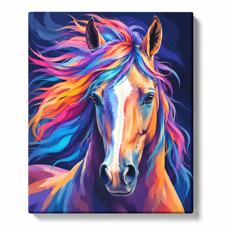Horse Paint by Numbers For Adults featuring colorful horse portrait with flowing rainbow mane in pink blue turquoise orange and purple Pop Art style