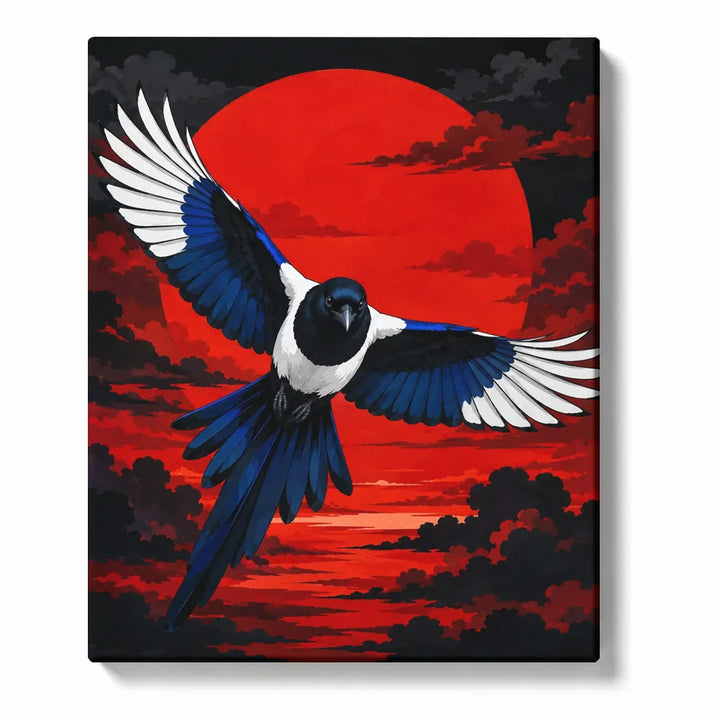 Magpie Flying before the Red Sun - paint by numbers kit preview