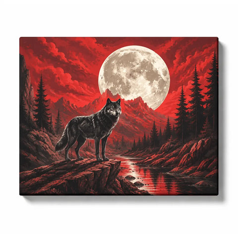 Crimson Moon Wolf Paint by Numbers For Adults featuring black wolf on rocky ledge beneath giant full moon with red mountains, pine forest and reflective river