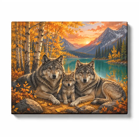 Wolf Family Paint by Numbers For Adults featuring mother father and pup wolves beside autumn lake with golden trees, mountains and sunset landscape