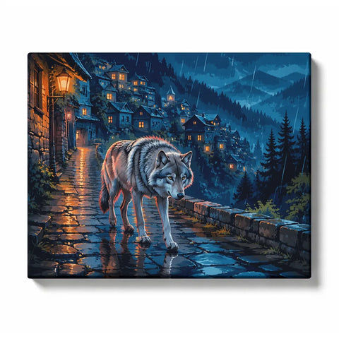 Wolf Paint by Numbers For Adults featuring gray wolf walking on rainy stone path through glowing mountain village with pine forest and blue night mountains