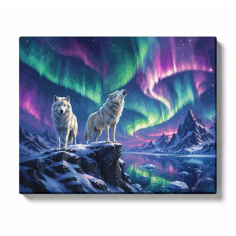 Wolf Aurora Paint by Numbers For Adults featuring wolves on snowy mountain cliff with northern lights, frozen lake and winter landscape