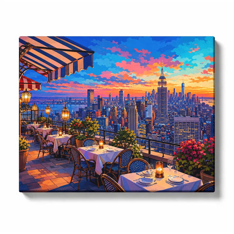 Empire State Building at sunset beyond a rooftop cafe with a striped awning