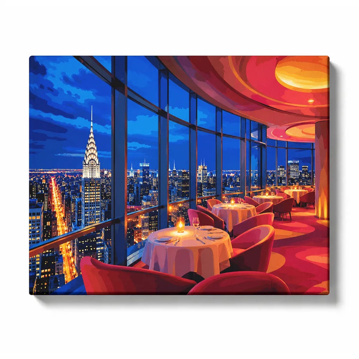 Chrysler Night Dining - PaintEasy paint by numbers kit design featuring an elegant dining room in crimson and blue facing the glowing Chrysler Building and the night skyline