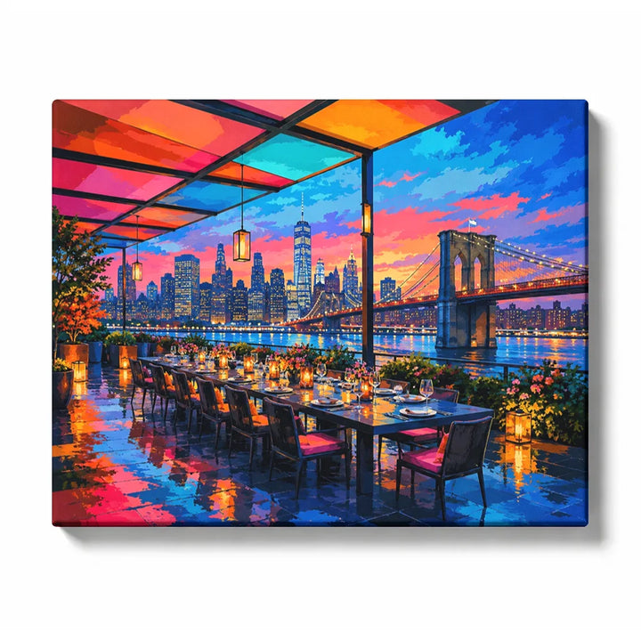 Brooklyn Bridge Terrace - PaintEasy paint by numbers kit design featuring a festive waterfront terrace under a colorful canopy with the Brooklyn Bridge and Lower Manhattan skyline at dusk