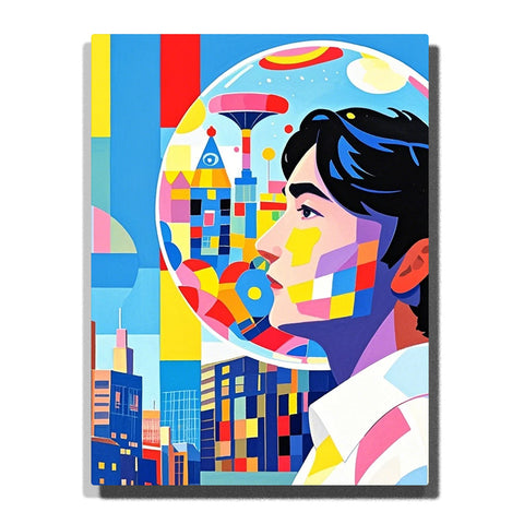 Paint by numbers kit featuring colorful geometric portrait with abstract city skyline and moon in bold modern style