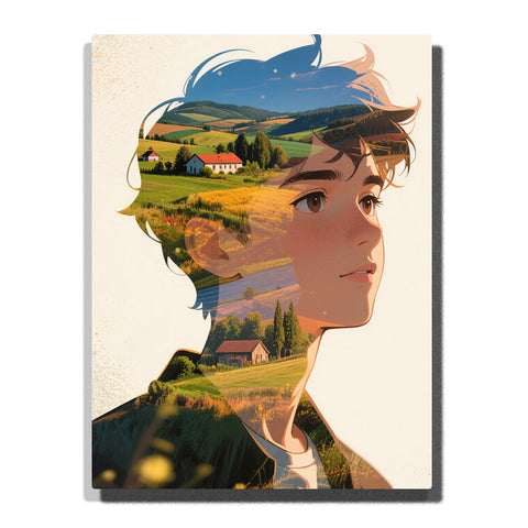 Double exposure portrait of a young man with countryside fields and houses inside silhouette, nostalgic homeland theme for home decor