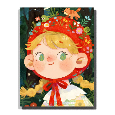 Cute girl with red hood decorated with flowers and small animals, whimsical forest portrait with bright colors for home decor