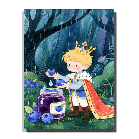 Little prince holding blueberries in a rainy forest with crown, red cape, purple jam jar, blue berries, green leaves, and raindrops, PaintEasy Paint by Numbers kit.