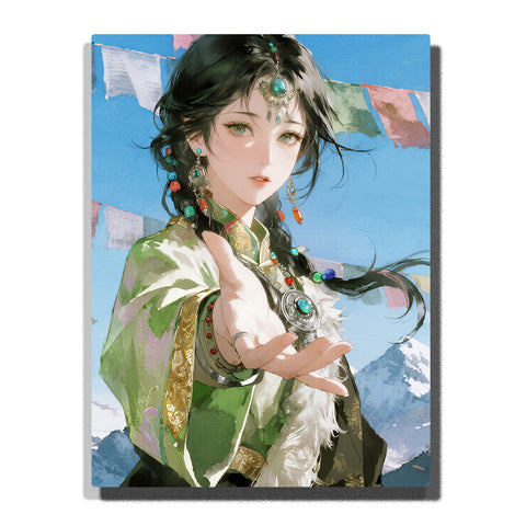 Woman in traditional green attire reaching forward with prayer flags and snowy mountains in the background, cultural portrait with bright sky for home decor