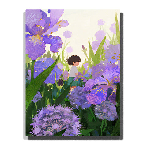Small boy walking through a giant purple flower garden with iris petals, green leaves, violet blossoms, and soft sunlight, PaintEasy Paint by Numbers kit.