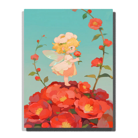 Flower fairy standing on red camellia blossoms with floral crown, translucent wings, turquoise background, curved flower stems, and soft dress, PaintEasy Paint by Numbers kit.