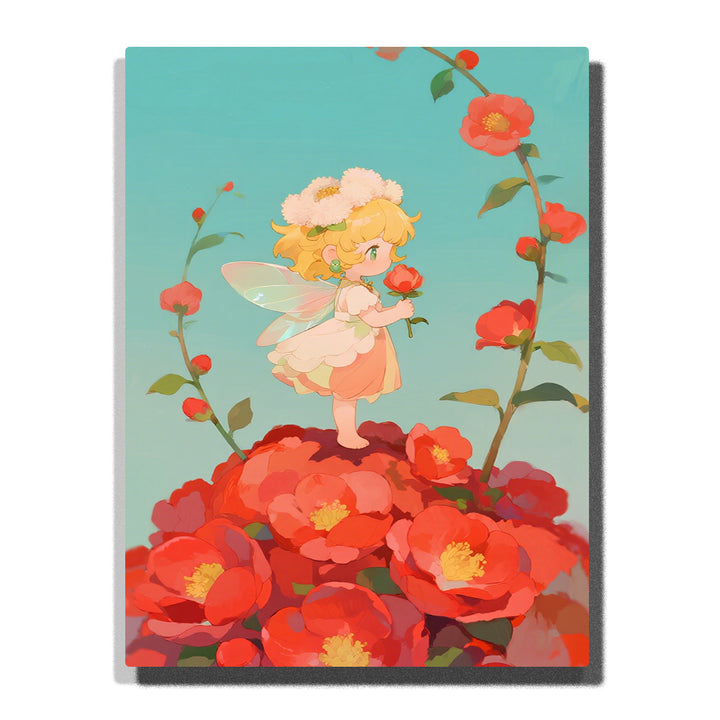 Flower fairy standing on red camellia blossoms with floral crown, translucent wings, turquoise background, curved flower stems, and soft dress, PaintEasy Paint by Numbers kit.