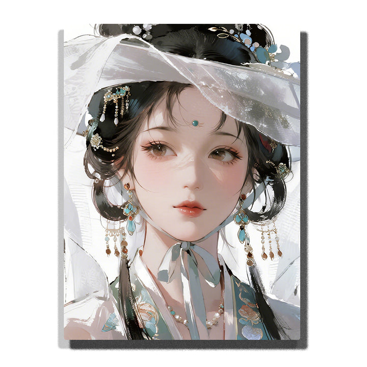 Elegant woman in traditional attire with translucent silk veil and jade jewelry, soft oriental portrait with delicate light for home decor