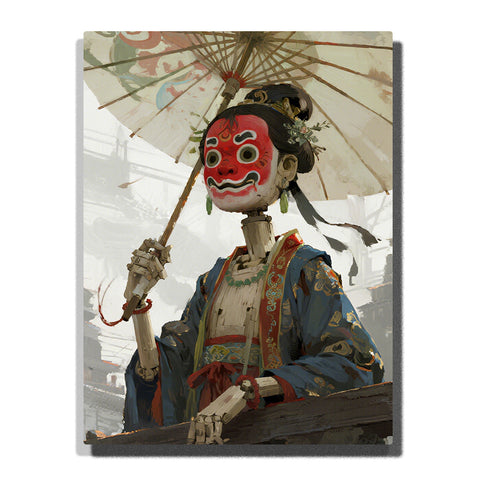 Wooden puppet figure wearing traditional robe and red mask holding a paper umbrella, cultural surreal portrait with muted tones for home decor