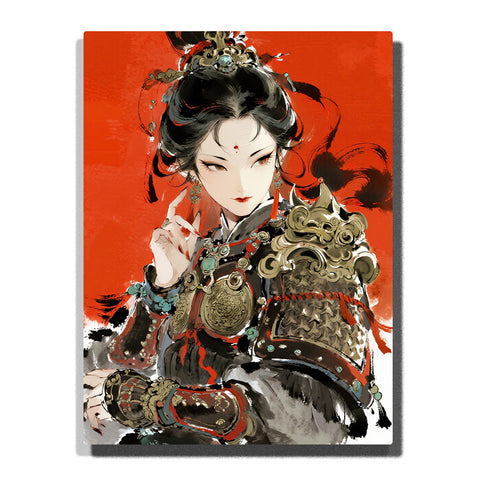 Warrior woman in ornate armor with jade details against bold red background, dramatic oriental portrait with strong contrast for home decor