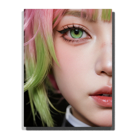 Close-up portrait of a woman with pink and green hair and vivid green eyes, detailed makeup and soft lighting for modern wall art