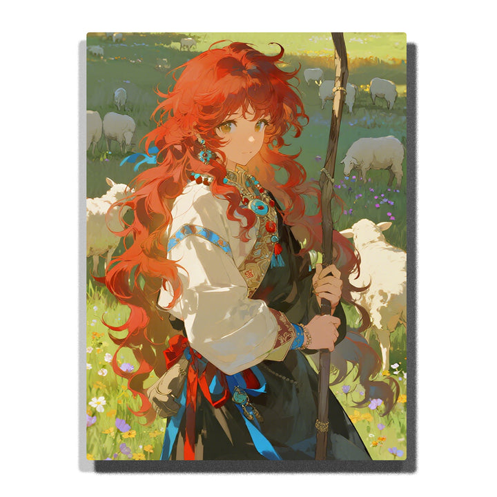 Red-haired shepherd girl in embroidered dress standing in a sunlit meadow with sheep, pastoral portrait with warm natural light for home decor