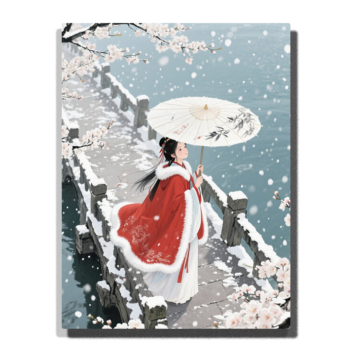 Woman in red winter cloak holding a paper umbrella on a snowy stone bridge beneath cherry blossoms portrait Paint by Numbers artwork.
